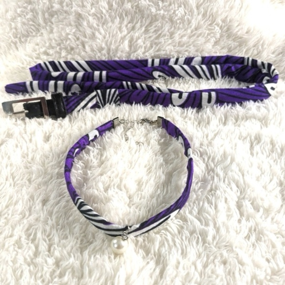 Hand Crafted Matching Choker and Belt Set Purple White Black